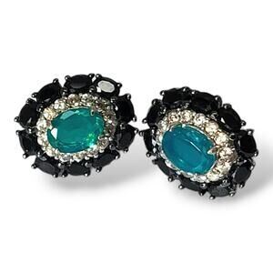 Genuine Untreated Paraiba Blue Opal Black Spinel White Zircon Earrings